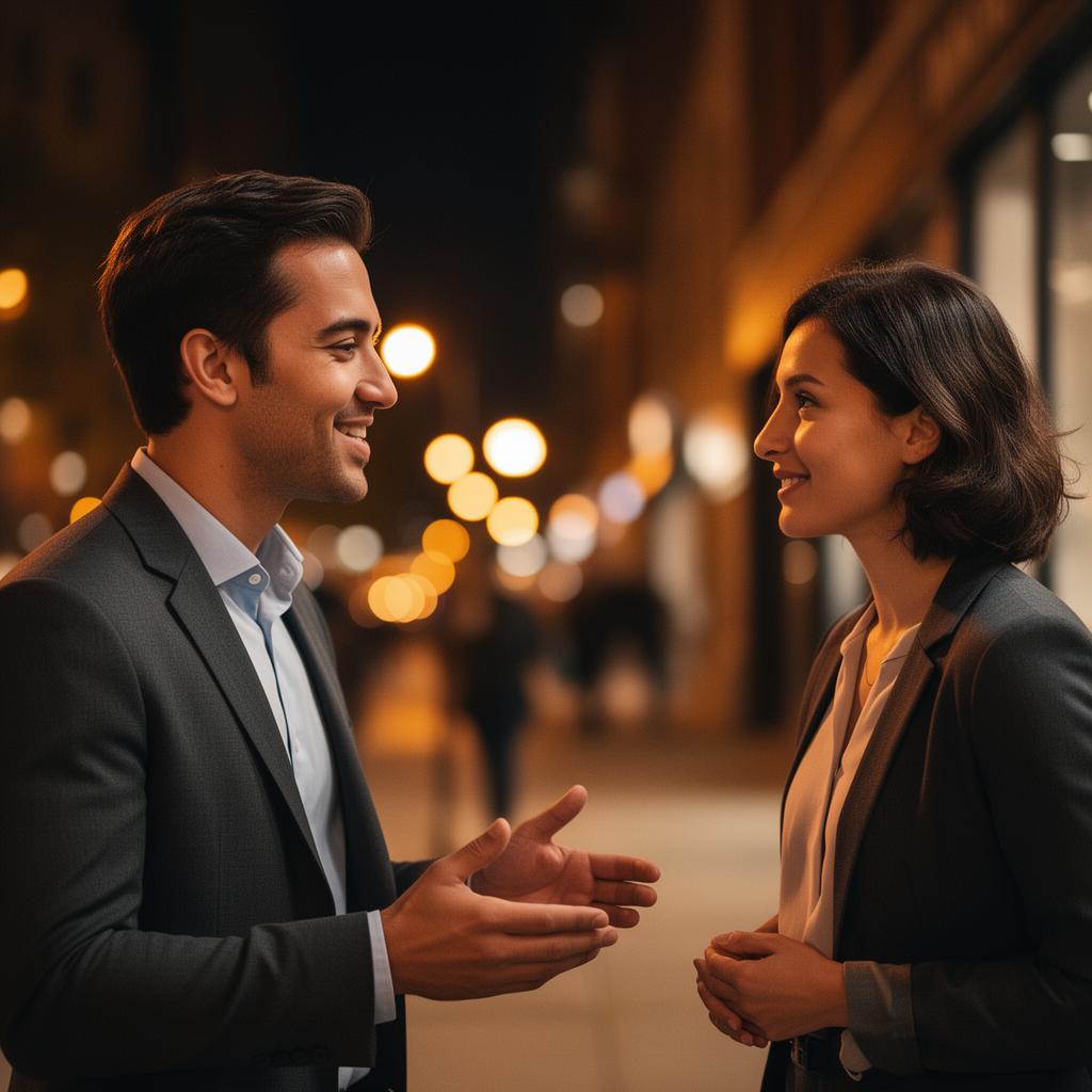 Brand ambassador engaging a customer at night